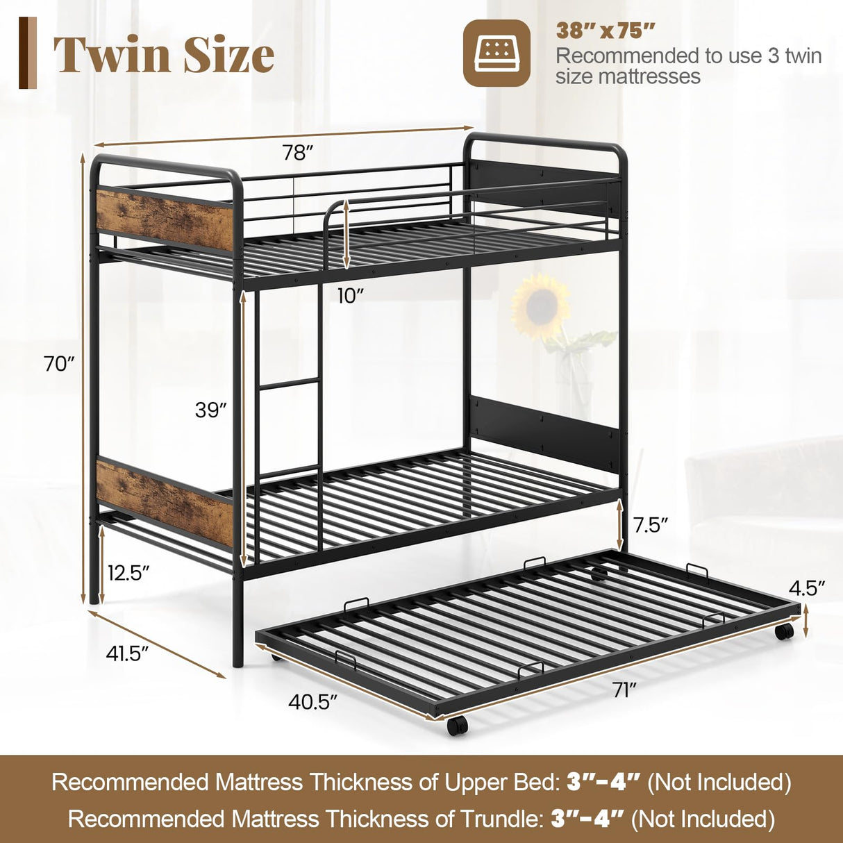 Giantex Metal Twin Over Twin Bunk Bed with Trundle, Industrial Twin Bunk Beds with Ladder & Full-Length Guardrails, Space Saving Bunk Bed for Teens, Adults, Guests, No Box Spring Needed, Black Giantex
