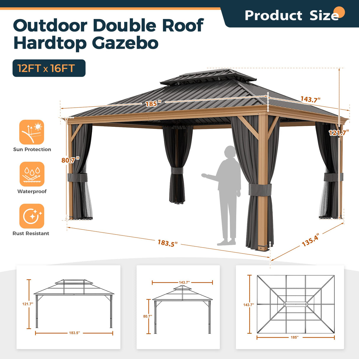 HAPPATIO 12' x 16' Hardtop Gazebo, Outdoor Wood-Grain Frame Aluminum Gazebo with Galvanized Steel Double Roof,Patio Gazebo Canopy with Netting and Curtains for Patio, Deck,Backyard (Gray) HAPPATIO