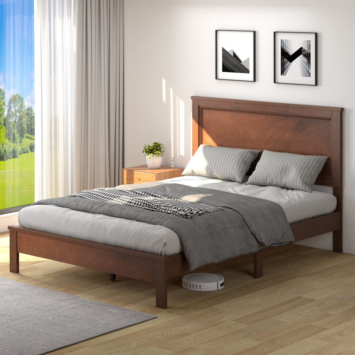 KOMFOTT Mid Century Solid Wood Full Bed Frame with Headboard & Slatted Mattress Support KOMFOTT