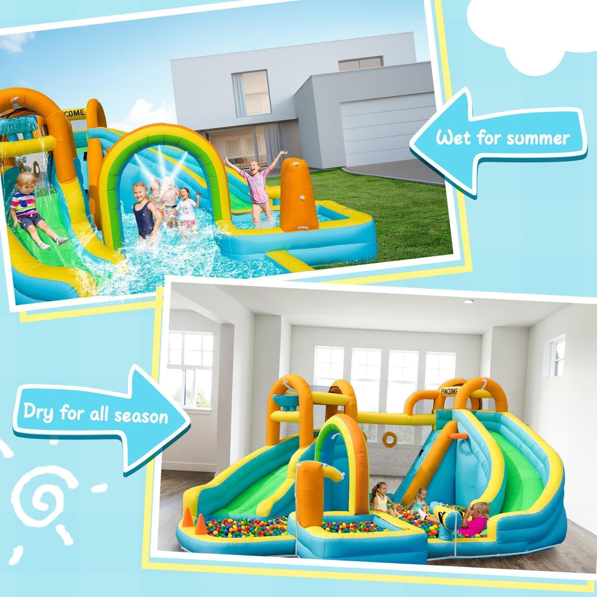 FINCOME Inflatable Water Slide, Bounce House with 2 Slide for Kids, Inflatable Waterslide Park with Splash Pool, Basketball Hoop, Ball Shooting & Water Cannon for Backyard, Outdoor, Indoor FINCOME