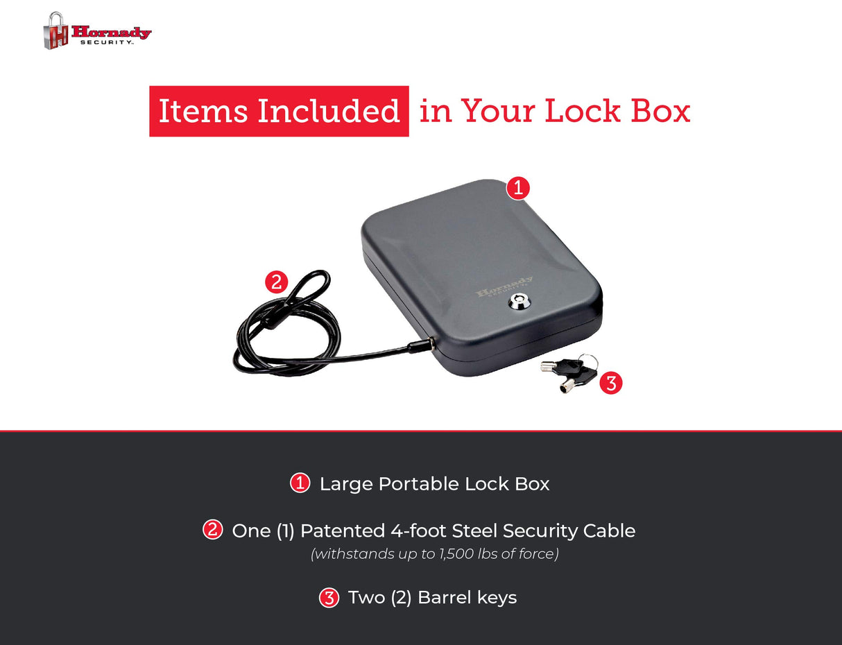 Hornady Portable Lock Box for Guns and Valuables - Includes 2 Keys and 4 Foot Steel Cable - Thick 16 Gauge Steel - An Ideal Portable Car Lock Box or Truck Safe - Large, Black, 9.5 x 6.5 x 1.75 Inches Hornady