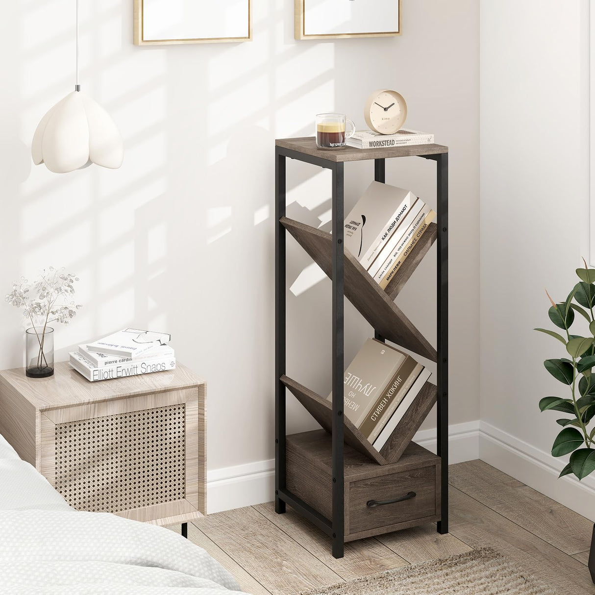 Giantex Tree Bookshelf with Drawer, 4-Tier Narrow Bookcase with Metal Frame, Tall Floor Standing Storage Organizer for Small Space, Wooden Display Shelves for Living Room, Bedroom, Study (1) Giantex