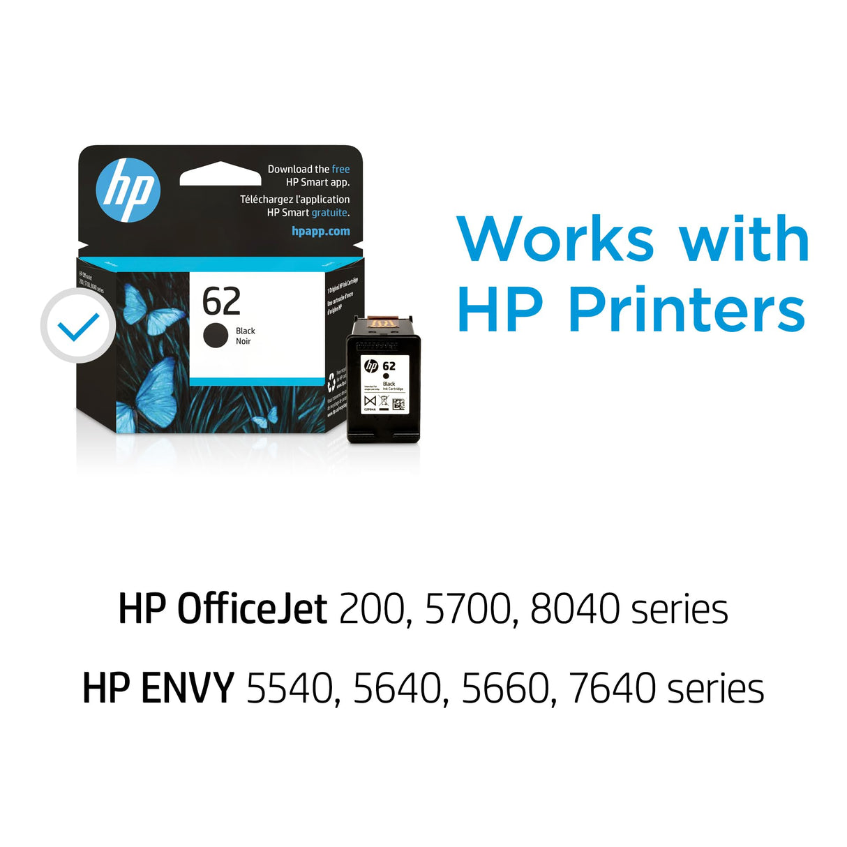 HP 62 Black Ink Cartridge | Works with HP ENVY 5540, 5640, 5660, 7640 Series, HP OfficeJet 5740, 8040 Series, HP OfficeJet Mobile 200, 250 Series | Eligible for Instant Ink | C2P04AN HP