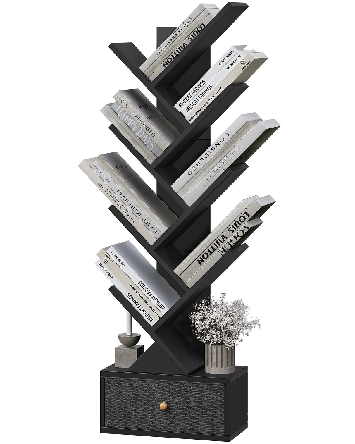 Yzosvki 9 Tier Tree Book Shelf with Drawer, Floor Standing Bookshelf Storage Organizer Bookshelves for Books/CDs, 9 Shelf Narrow Bookcase for Sturdy Room, Bedroom, Living Room, Black Yzosvki