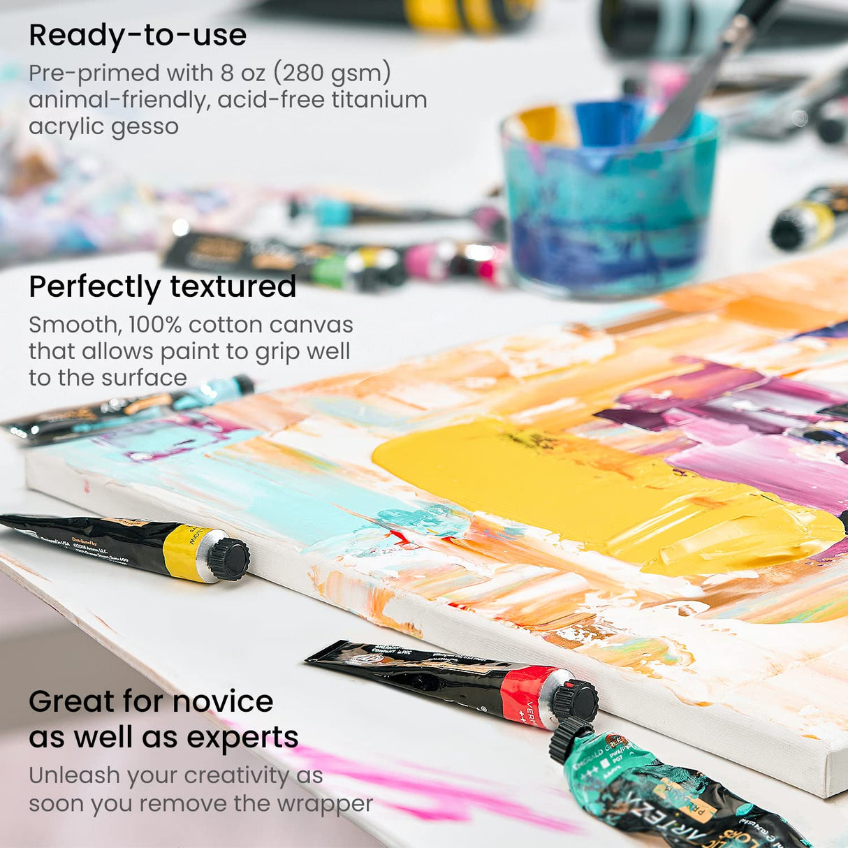 ARTEZA Stretched Canvas, 18 x 24 Inches, Pack of 4, Blank White Large Canvas for Painting for Acrylic, Oil and Gouache Paints ARTEZA