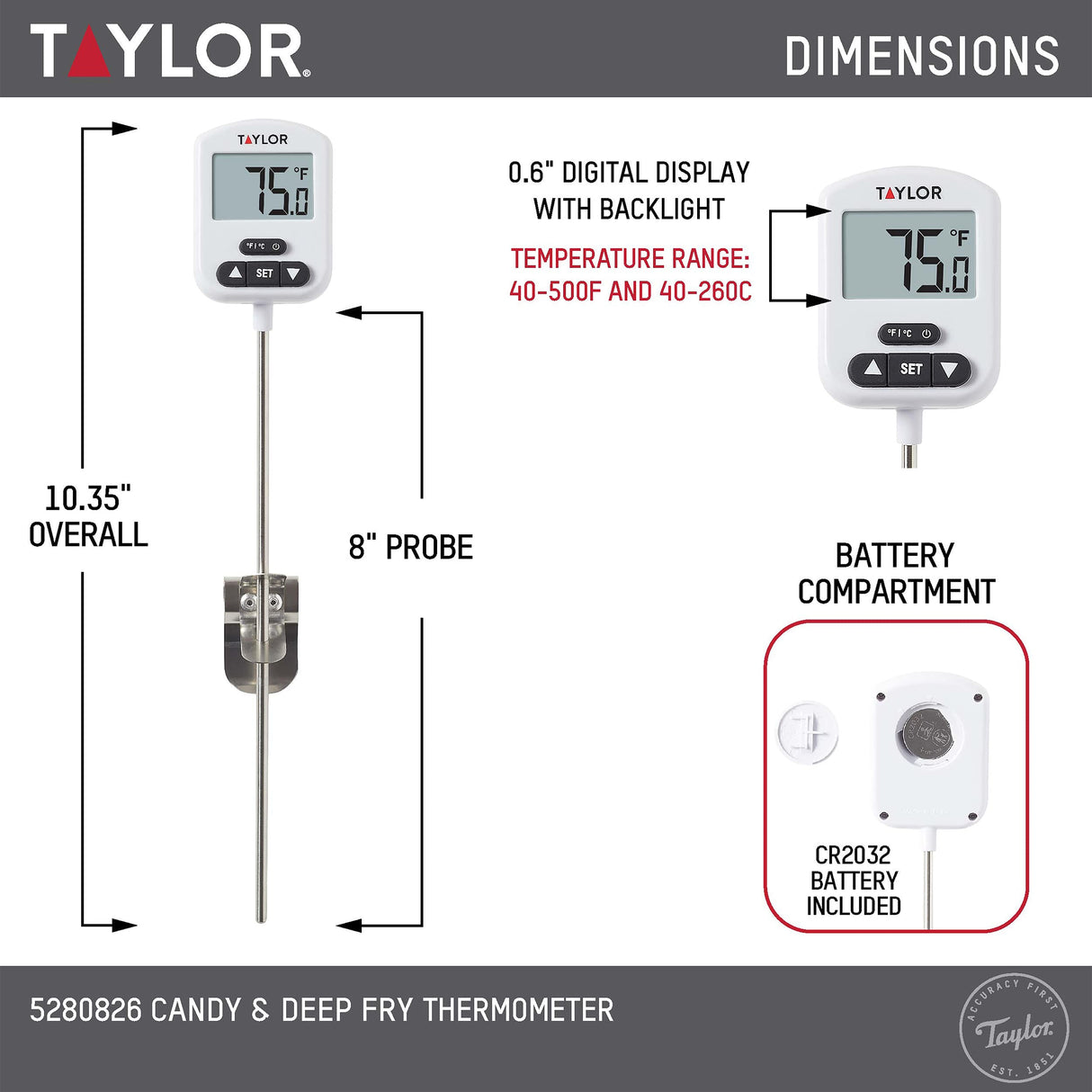 Taylor Programmable Digital Candy and Deep Fry Thermometer with Green Light Alert Display, Long Stem, and Adjustable Pan Clip, White Taylor