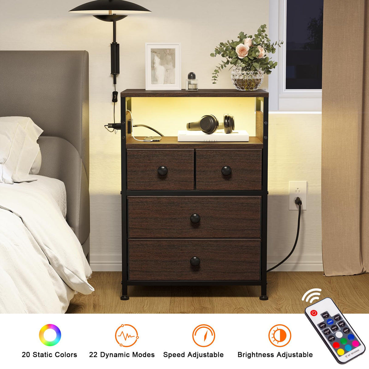 REAHOME Nightstand with Charging Station and LED Light, Tall Brown Night Stand with 4 Drawers and 2-Tier Shelf, Modern End Table with Wooden Top for Bedroom, Living Room, Hallway - Rustic Brown REAHOME