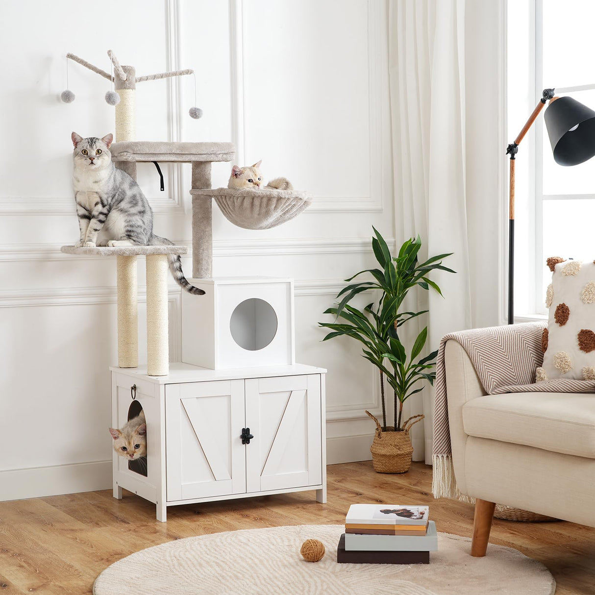 HOOBRO Cat Tree Tower with Litter Box Enclosure for Indoor Cats, Wooden Cat Condo with Scratching Posts, Cat Litter Box Furniture Hidden, All-in-One Cat Toy with Cat House, White WT15MZ03 HOOBRO