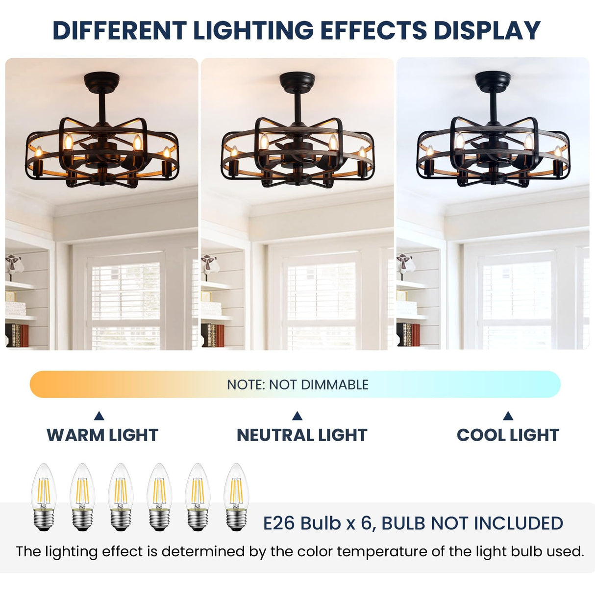 NOXARTE Cage Ceiling Fan with Light, Vintage Fandelier Remote Control, Bladess Industrial Chandelier Ceiling Fan Reverse Motor for Living Dining Room Bedroom Dia 25 Inch NOXARTE