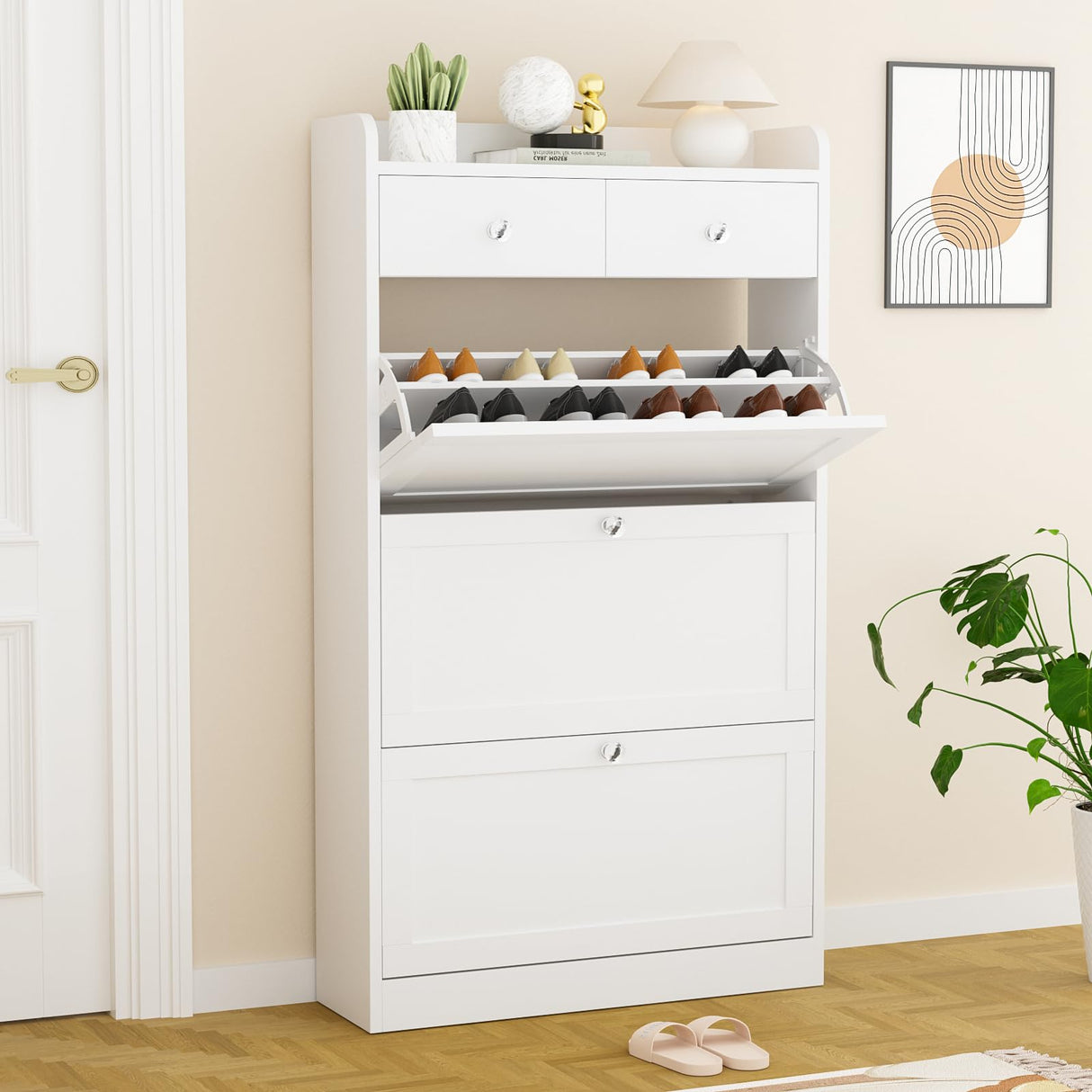 VOWNER Shoe Cabinet with 3 Flip Drawers & 2 Drawers, Freestanding Shoe Storage Cabinet with Adjustable Shelves, Shoe Organizer for Entryway, Hallway, Living Room, White VOWNER