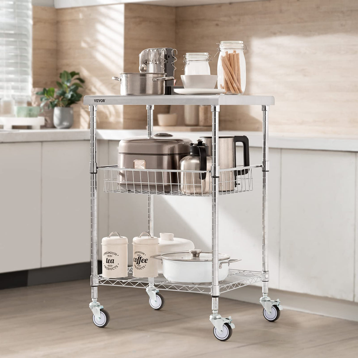 VEVOR Kitchen Utility Cart, 36.6"x20"x24" 3 Tiers Wire Rolling Cart, 470LBS Capacity Steel Service Cart with Brake Wheels, Storage Trolley with 76mm Basket PP Liner 6 Hooks, for Indoor & Outdoor Use VEVOR