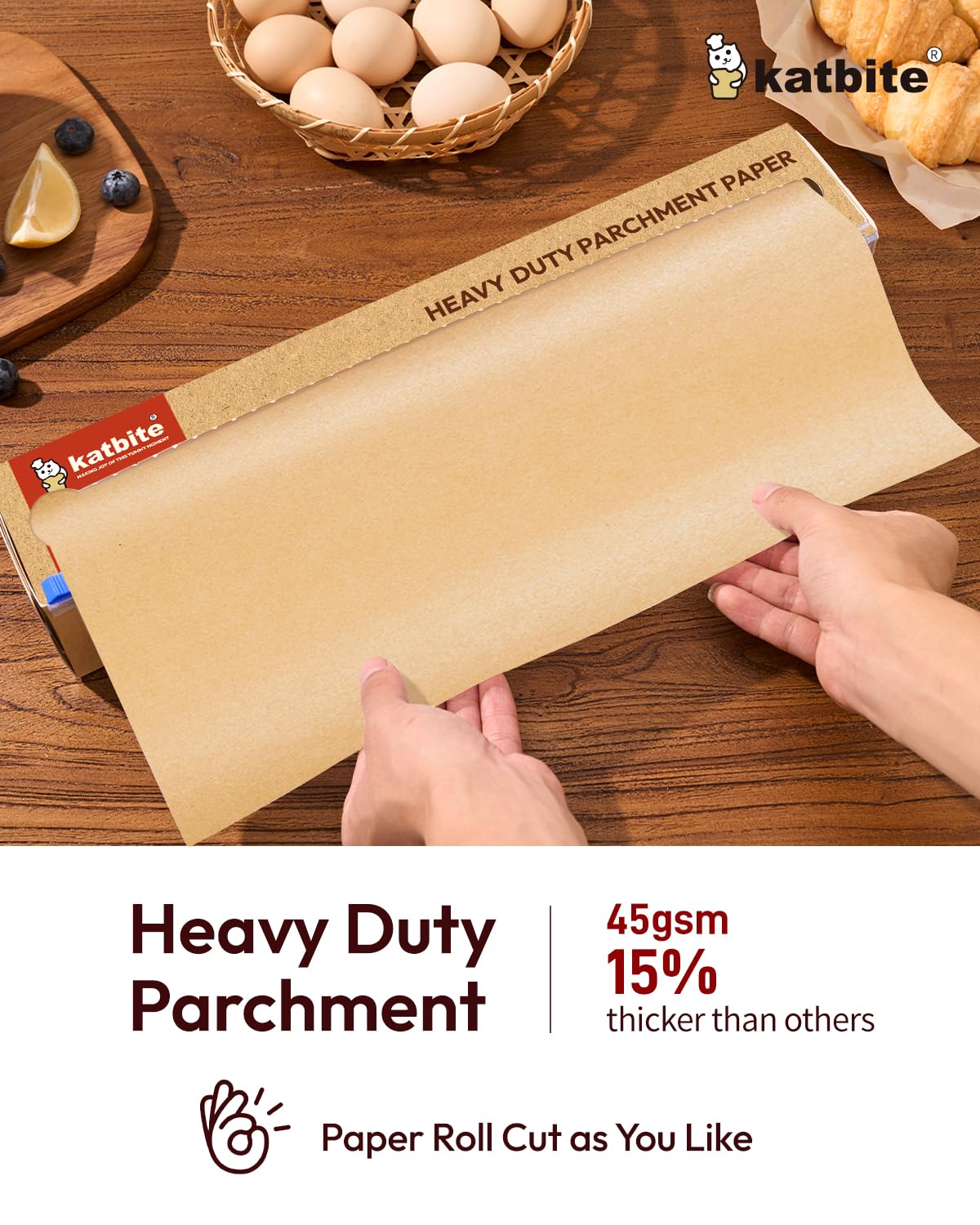 Katbite Unbleached Parchment Paper for Baking, 15 in x 210 ft, 260 Sq.Ft, Heavy Duty Baking Paper with Slide Cutter, Non-stick Brown Parchment Paper Roll for Cooking, Air Fryer, Steaming, Baking Bread katbite