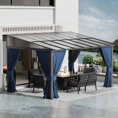 10x14FT Gazebo, Hardtop Wall Mounted Gazebo with Sloping Sun Panel Roof, Awnings for Patio with Metal Frame, Double Curtains for Garden, Lawn, Backyard Deck, Sand