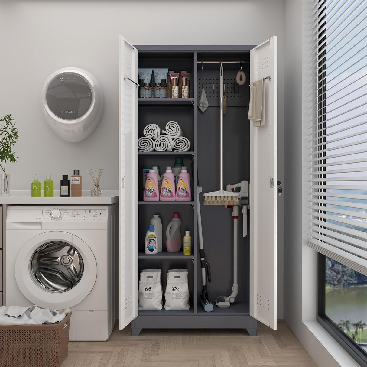 GREATMEET 72.8" H Metal Garage Storage Cabinets, Lockable Broom Closet Storage Cabinet with Doors and Shelves, Utility Cabinets for Storage Locker, Grey-White GREATMEET