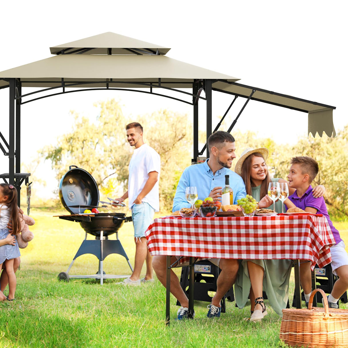GarveeLife 8'x 5' Grill Gazebo Canopy,Outdoor BBQ Grill Patio Canopy Tent with Led Light/Extra Shadows*2/Bottle Opener/Hanging Hooks for Outdoor/Backyard/Patio/Garden/Beach (Khaki) GarveeLife