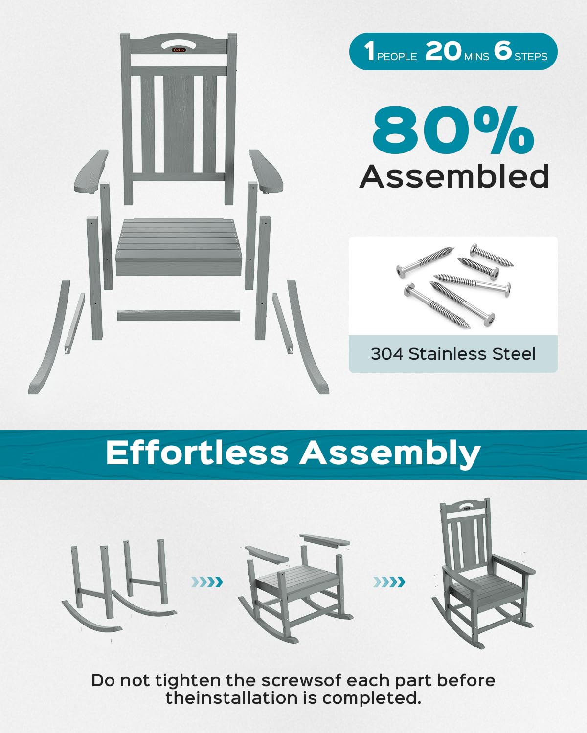 Oversized Rocking Chair Outdoor, HDPE Poly Rocking Chair, All Weather Porch Rocker for Deck Patio Balcony, 380lbs, Grey Ciokea