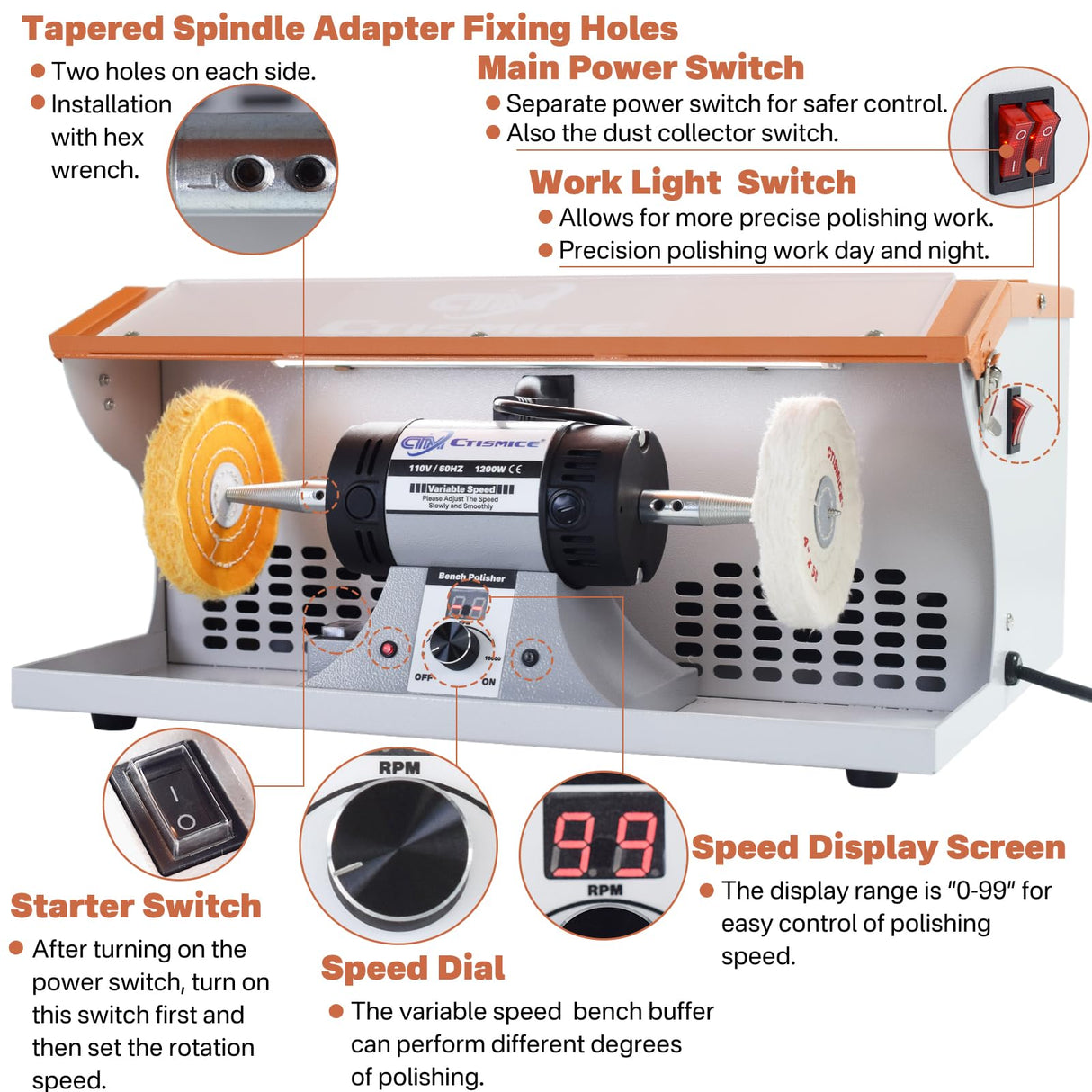 CTISMICE 1200W Jewelry Polisher with Display Screen, Variable Speed Bench Polishing Buffing Machine with Dual Exhaust Fan Blower, Dust Collector, Work Light and Eye Shield for Jewelry, Metal, Wood CTISMICE