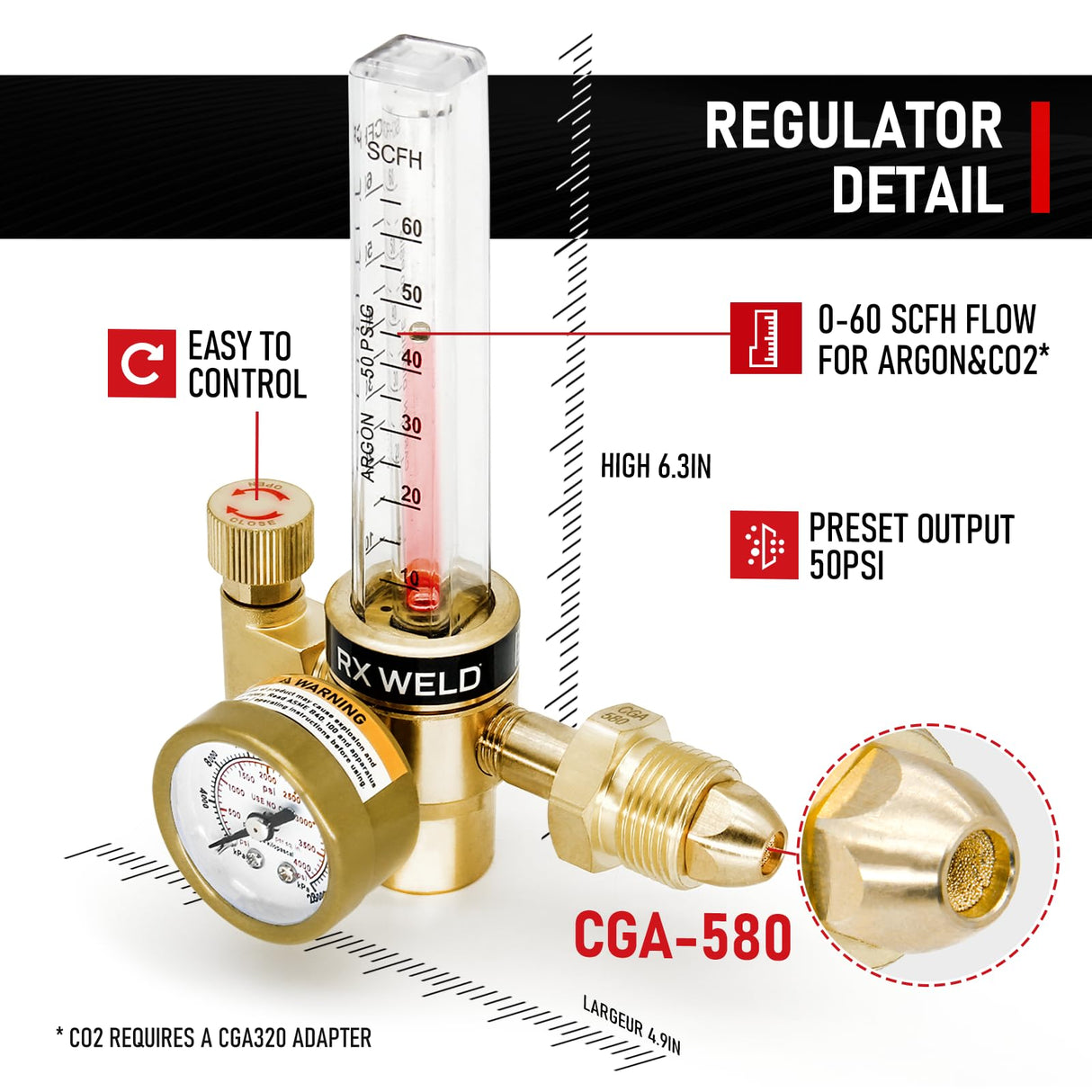 RX WELD Argon Regulator Flowmeter Gas Gauge for Mig Tig Weld with Gas Welding Hose RX WELD
