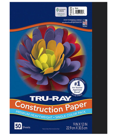 Pacon 103029 Tru-Ray Construction Paper, 76 lbs., 9 x 12, Black, 50 Sheets/Pack