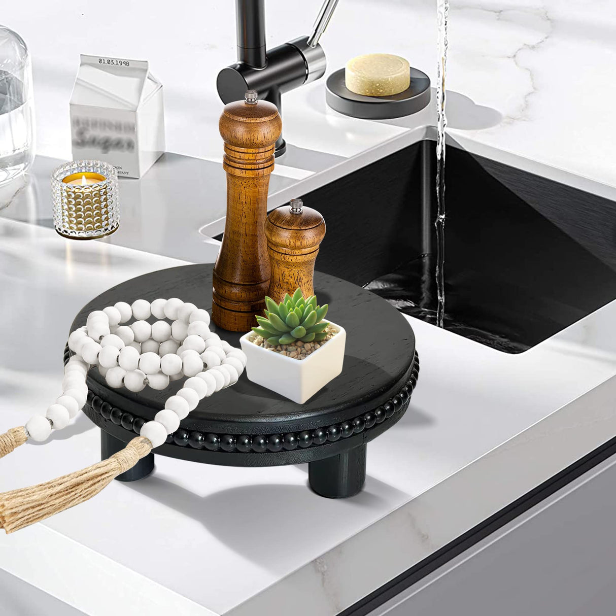 dwellington Farmhouse Beaded Wood Tray Risers for Display, 7.6” Wooden Decorative Tray for Kitchen Home Decor, Display Pedestal Stand for Countertop, Black Round Wood Riser for Soap Dish dwellington