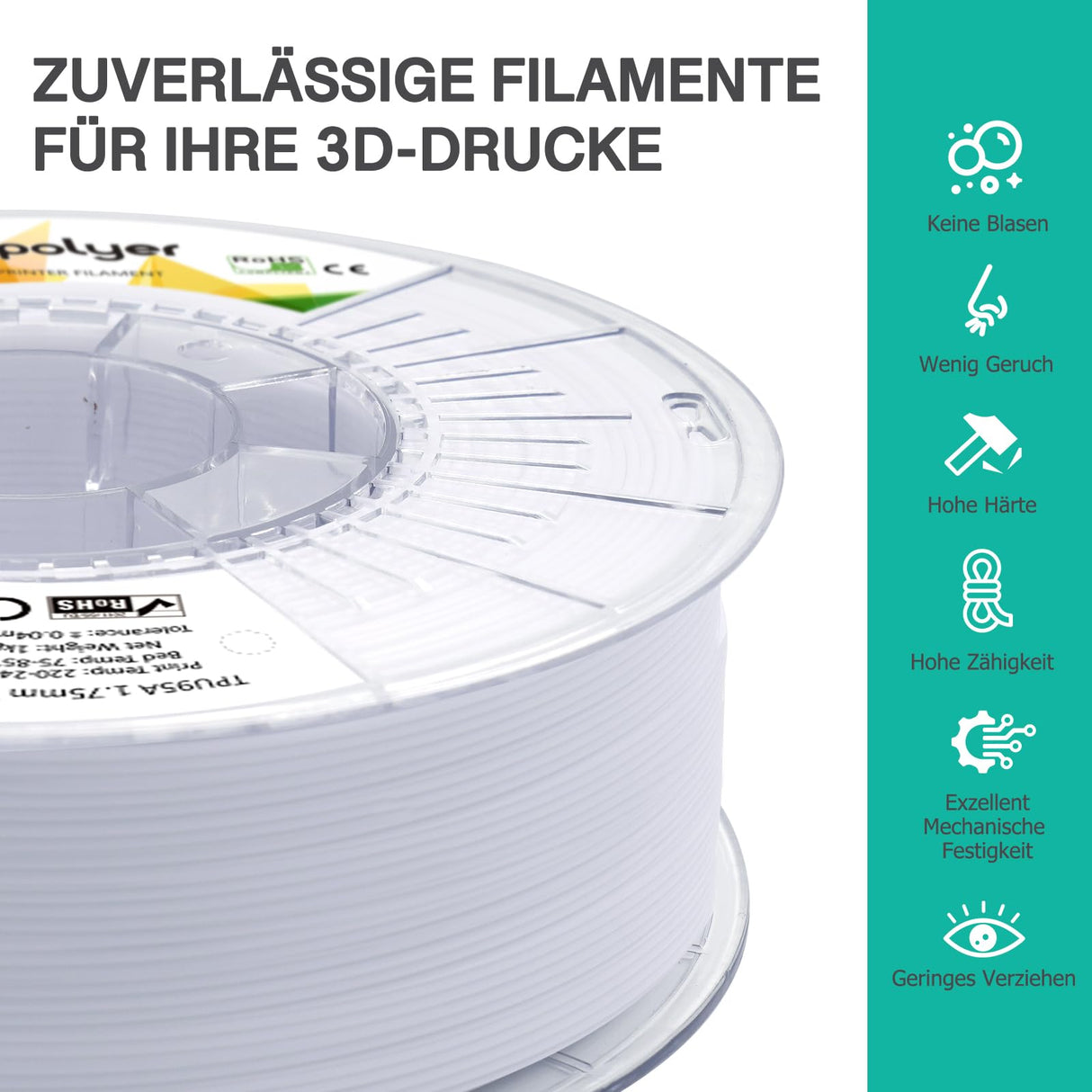 YXPOLYER TPU Filament 1.75mm 1kg 2.2lbs Soft Flexible Filament TPU 95A, 3D Printing Filament with PC Transparent Spool for Most 3D Printers and Industrial-Grade Functional Prints yxpolyer