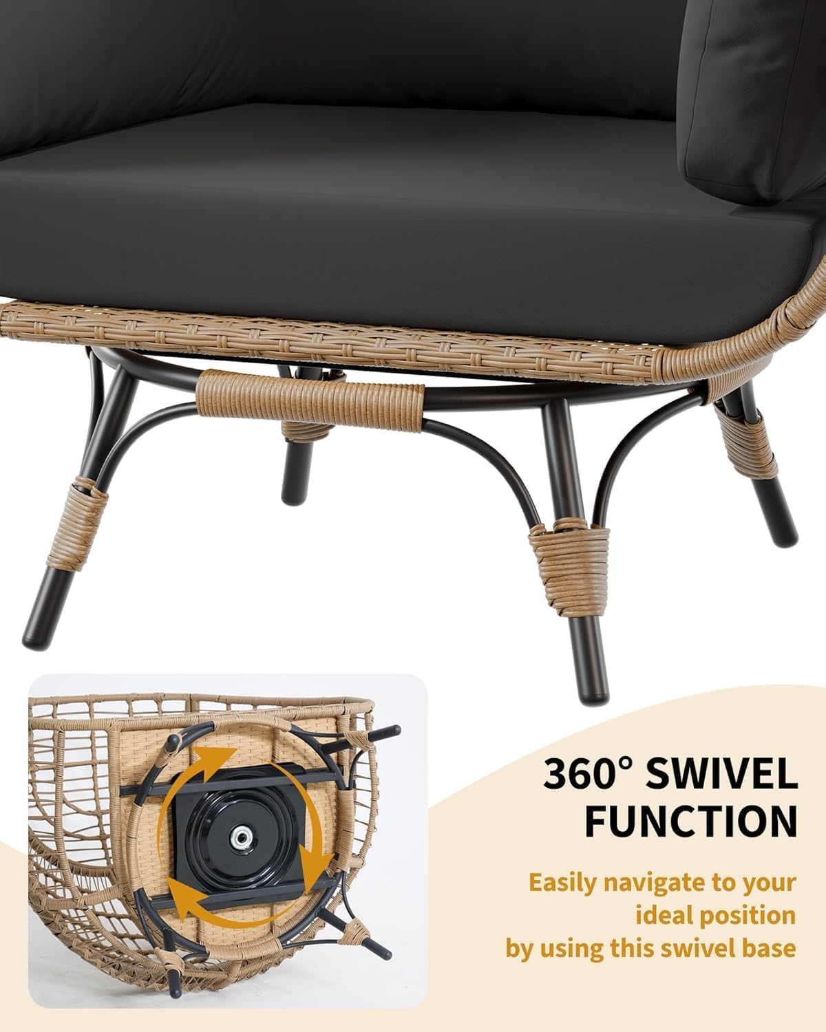 TrailBlaze 360° Swivel Egg Chair, Oversized Patio Rotating Basket Chair, Steel Frame and Metal Base, Waterproof, PE Rattan Lounge Chair for Indoor & Outdoor Patio, Living Room, and Backyard, Black TrailBlaze