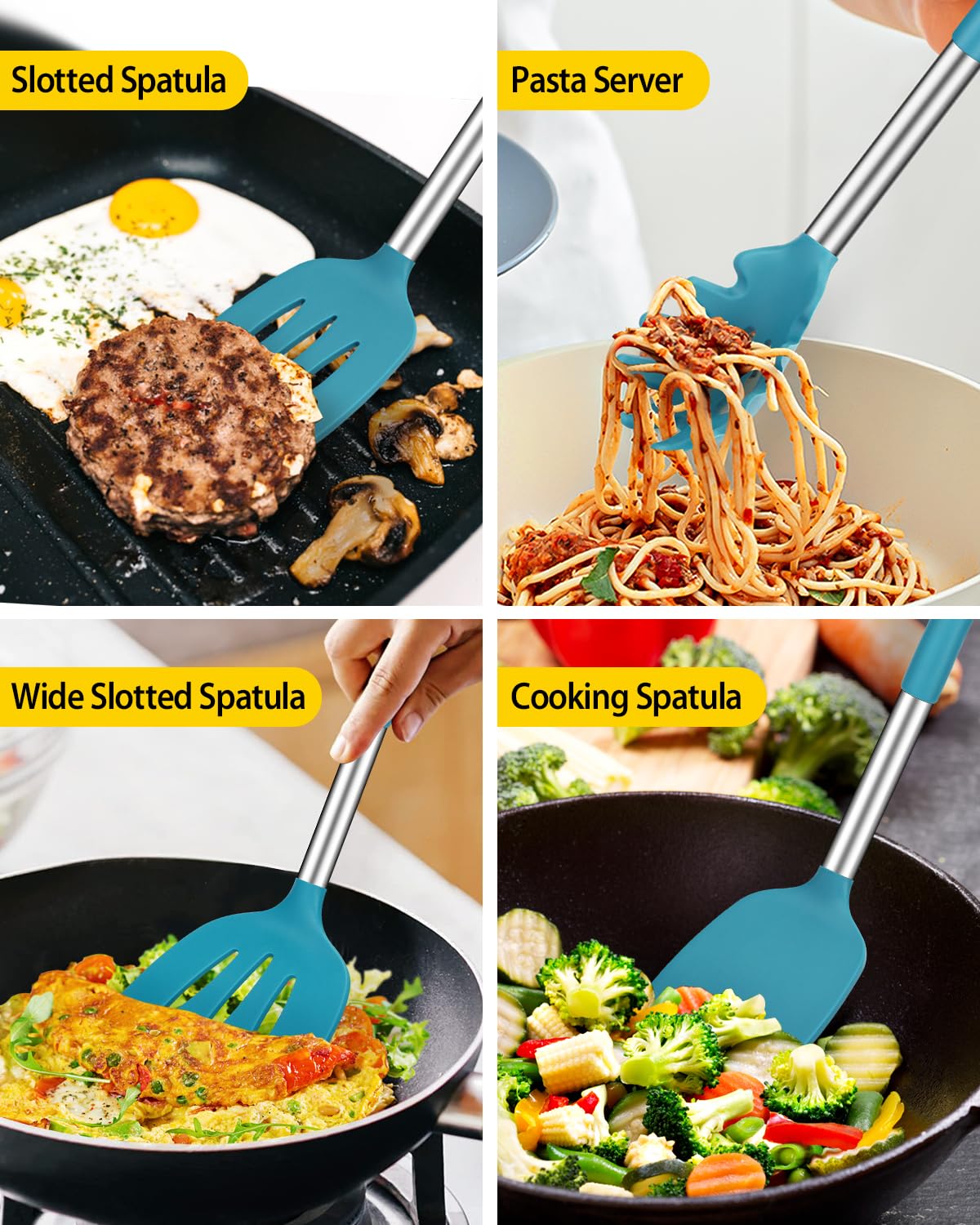 Silicone Cooking Utensil Set, 8Pcs Non-stick Cookware with Stainless Steel Handle, BPA Free Heat Resistant Kitchen Tools with Spatulas, Turners, Spoons, Skimmer and Pasta Fork BUNDLEPRO