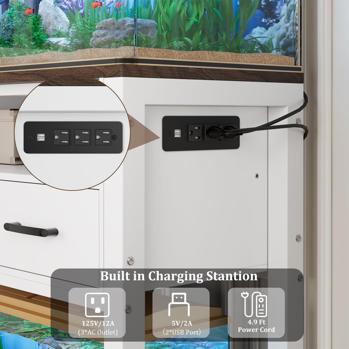 EOSVALO 20-29 Gallon Aquarium Stand with Stable Metal Frame & Power Outlet, Heavy-Duty Fish Tank Stand with Waterproof Mat, 550LBS Capacity Storage Cabinet, White+Brown EOSVALO