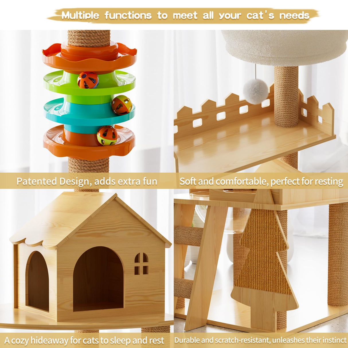 Elegaif Cat Tree, Wood Cat Tree Tower for Indoor Cats, 60.7" Modern Cat Tower with Sisal-Covered Scratching Posts and Top Perch,Cat Condo with Acrylic Hammock for Small Large Cats Elegaif