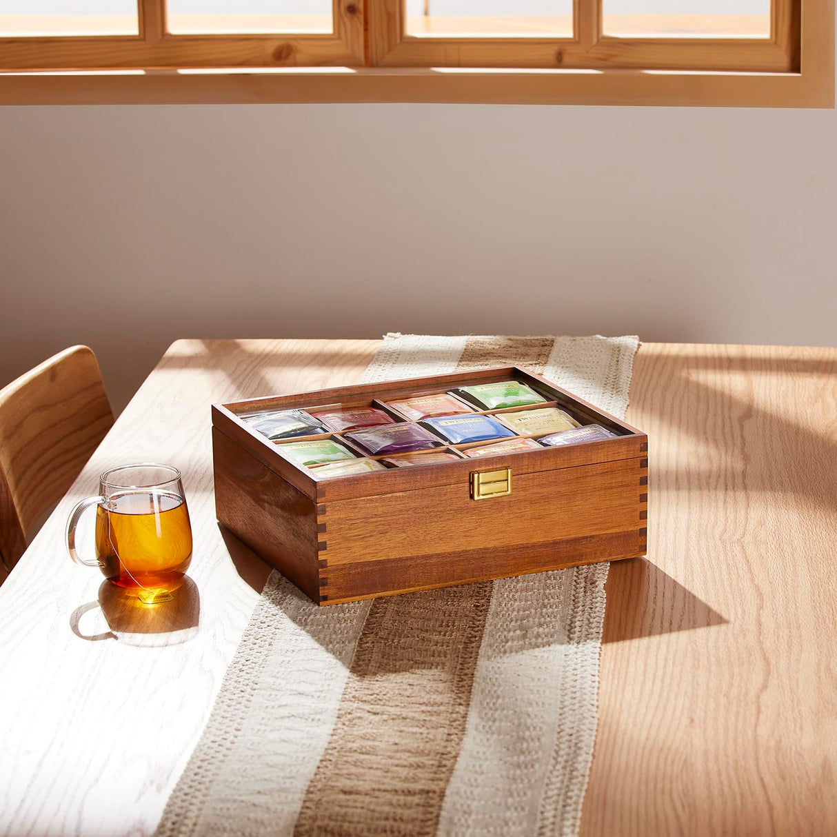 Tea Bag Organizer, Acacia Wood Tea Organizer Box, 12 Compartments Tea Organizer for Tea Bags with Clear Glass Window, Tea Bag Holder for Countertop Kitchen Cabinet Pantry - Keeps Tea Bags Fresh HouseJoy
