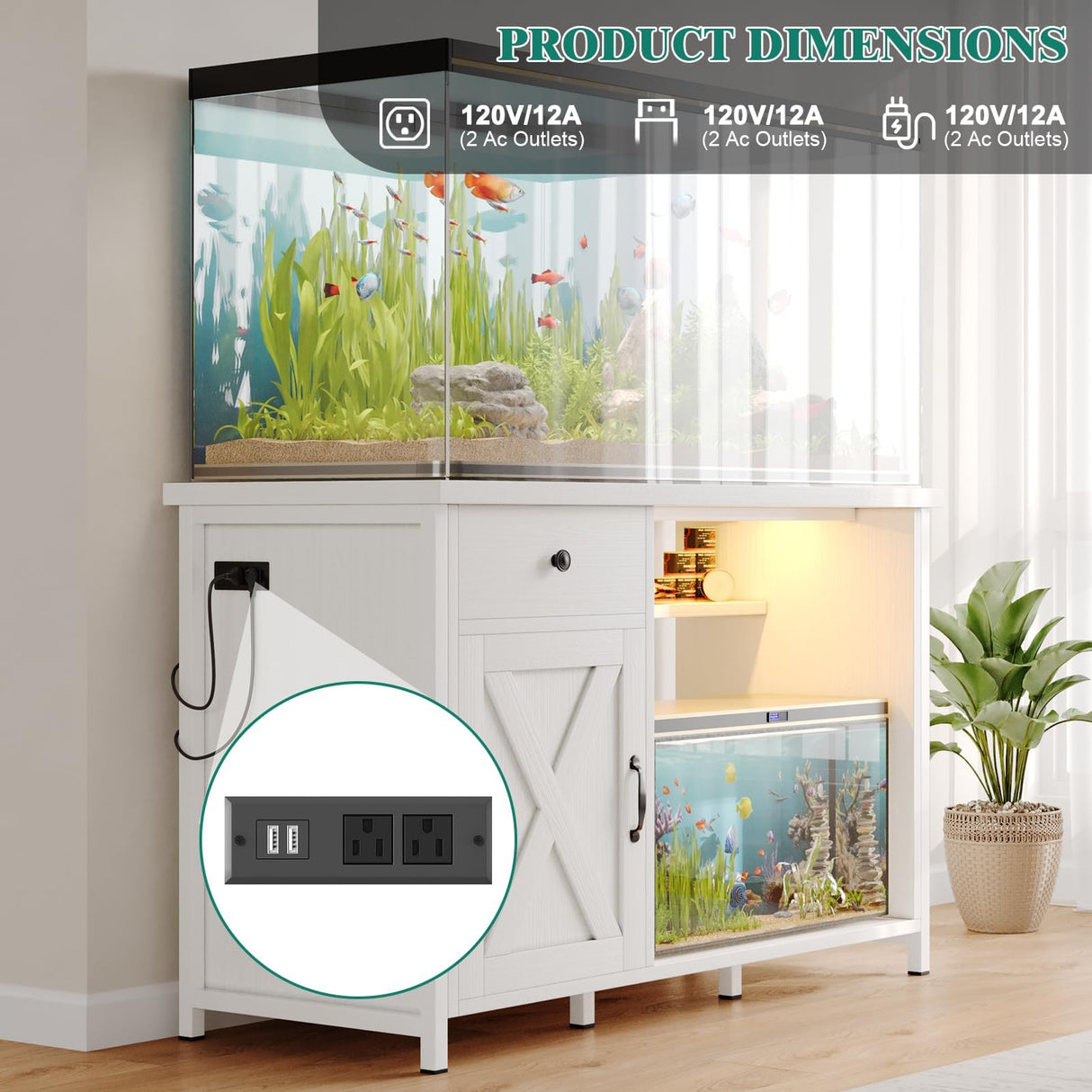 4ever2buy 55-75 Gallon Aquarium Stand with Power Outlets & LED Light, Metal Frame Fish Tank Stand with Drawer & Barn Door, Turtle Reptile Terrariums Stand with Fish Tank Accessories Storage (White) 4ever2buy