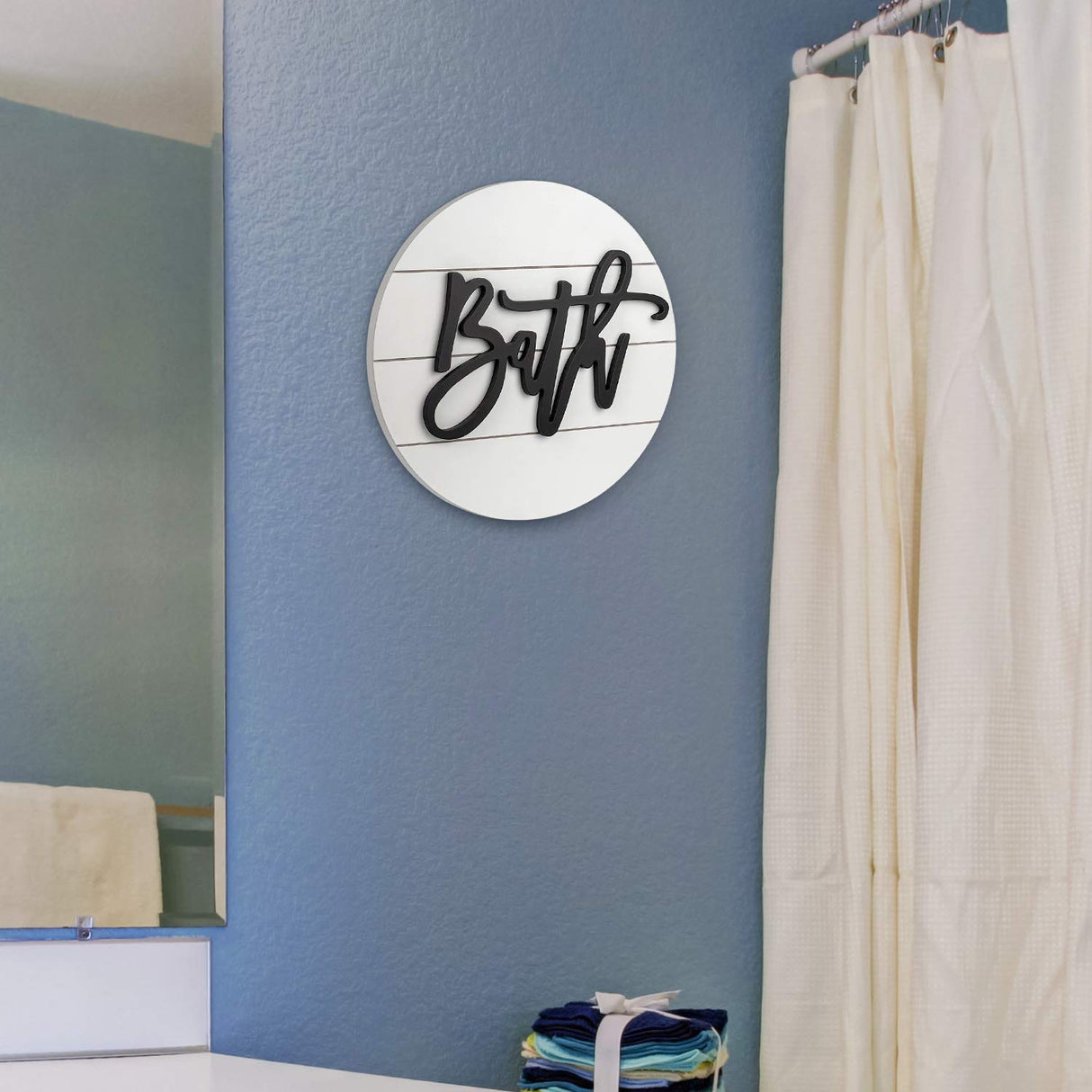 Modern Rustic 3D Bath Sign,Wooden, Handcrafted, Shiplap Farmhouse Bathroom Round Sign for Wall Hanging Décor for Home (White) Biewoos