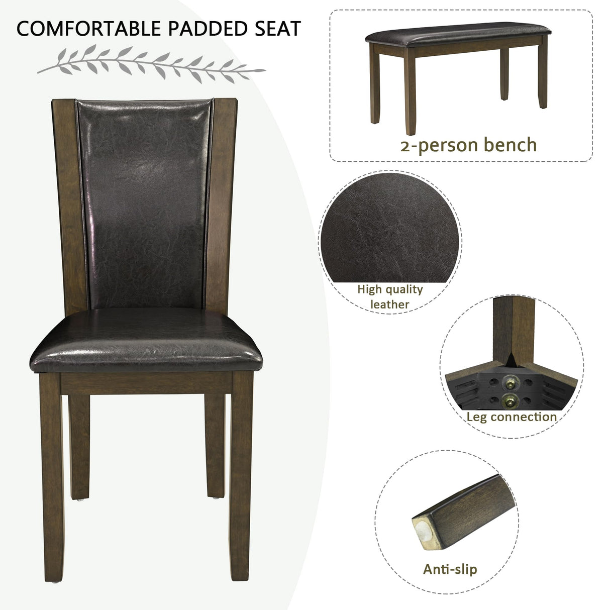 Augabam 6-Piece Dining Table Set with Bench and Chairs - Solid Wood Kitchen Dining Room Table Set in Farmhouse Rustic Style, Table Set for 6 with 4 Chairs and Bench Seat. (Dark Walnut) Augabam