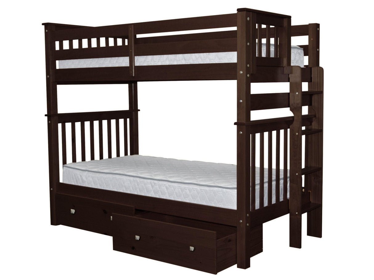 Bedz King Tall Bunk Beds Twin over Twin Mission Style with End Ladder and 2 Under Bed Drawers, Dark Cherry Bedz King