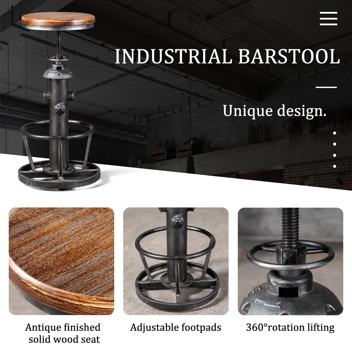 Topower Antique Industrial Round Bottom Adjustable Height Cafe Coffee Retro Vintage Stylish Water Pipe Design Pub Kitchen Bar Stool (Silver, Wooden Top) Topower