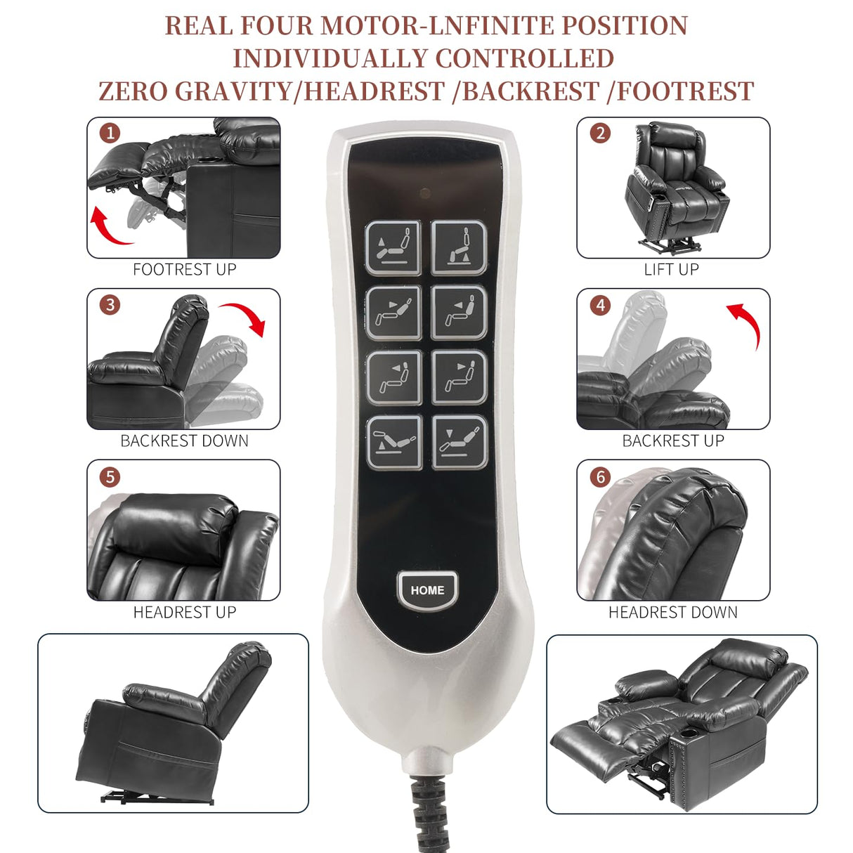 Neioml Four Motor Zero-Gravity Large-Wide Power Lift Chairs Recliners for Elderly, Infinite Position, 180° Lay Flat Lift Chair Big and Tall, Heat & Massage (Breathable Leather, Black) Neioml