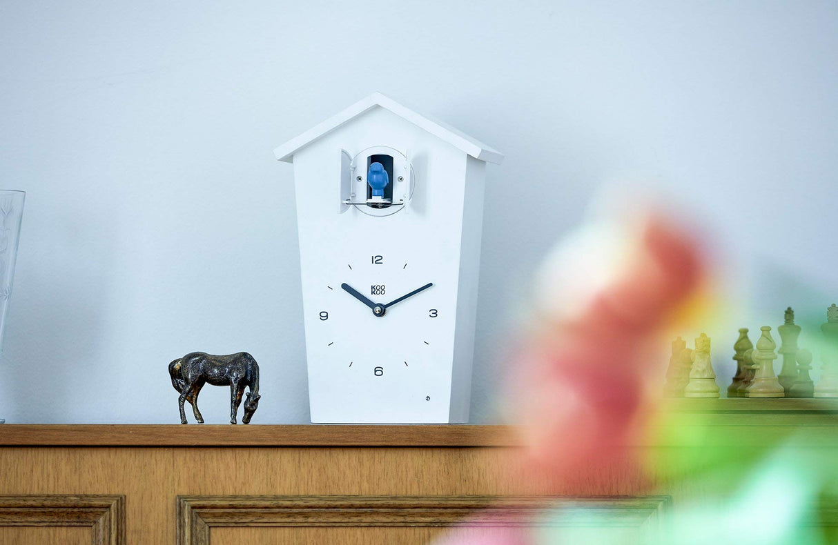KOOKOO Birdhouse White, Modern Design Cuckoo Clock with 12 Natural Bird Voices or Cuckoo Call KOOKOO