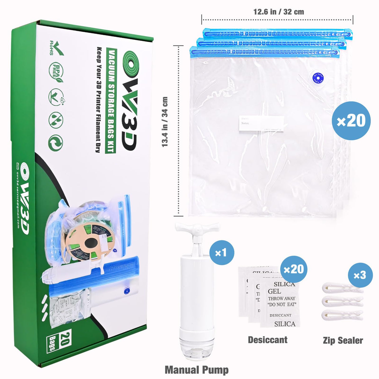 Plus Size 32x34cm OVV3D Filament Storage Bags 44pcs, 3D Printer Filament Storage 20 Bags Vacuum Sealed Kit with 20 Desiccants, Perfect for 3D Filament Storage or Using After Filament Dryer Box OVVNYXE