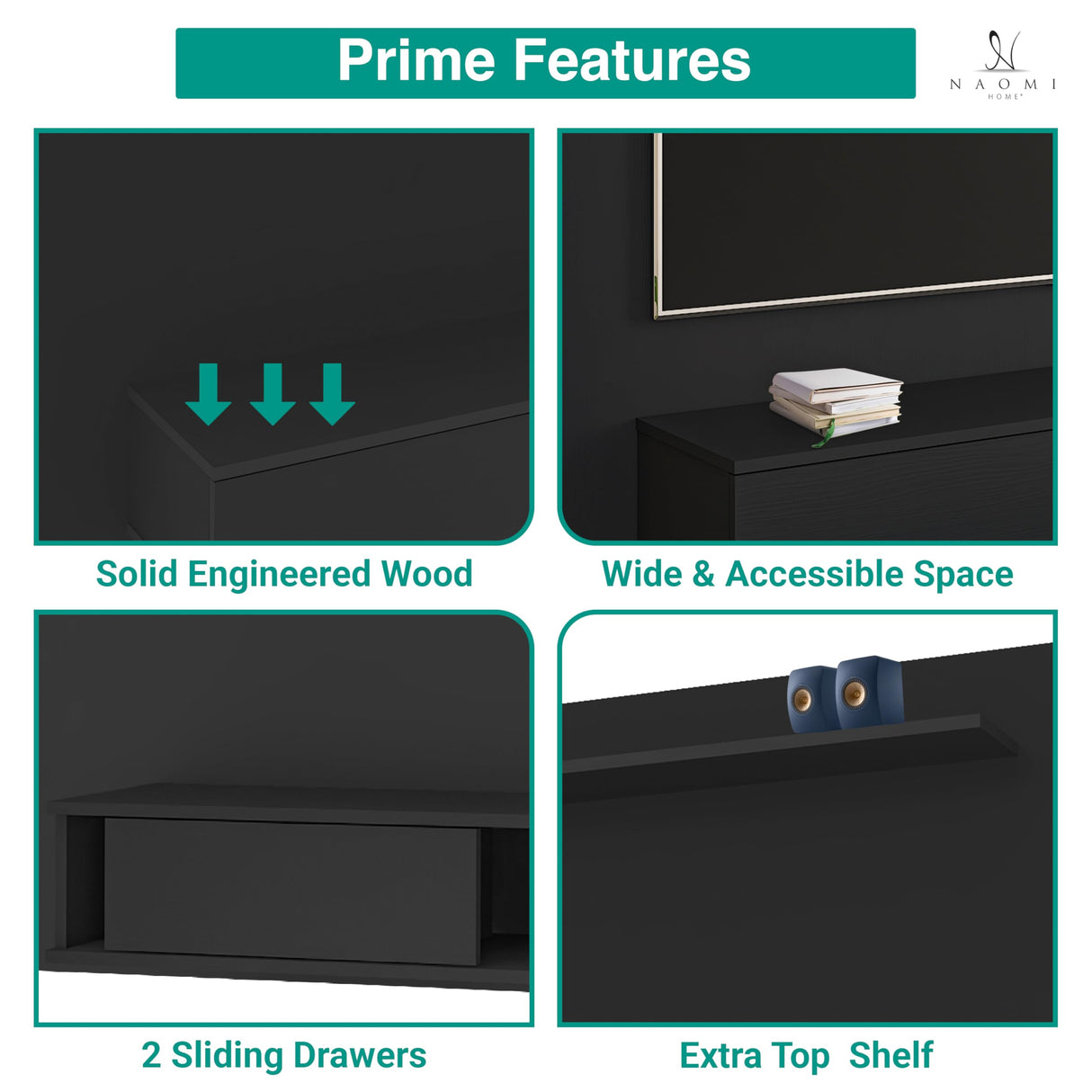 Naomi Home Zola Multi Storage Wall Media Center for up to 70 inch TVs, Entertainment Center with Storage, Floating TV Stand with 2 Sliding Doors and 2 Floating Wall Shelves, UV Painting Finish Black Naomi Home