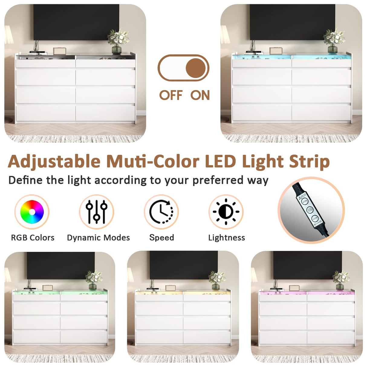 ZORPLIX White Dresser for Bedroom, 8 Drawer Dresser with Glass Top and LED Light, Modern Chest of Drawers, Jewelry Dressers Display, Dressers Organizer for Bedroom, Closet, Living Room ZORPLIX