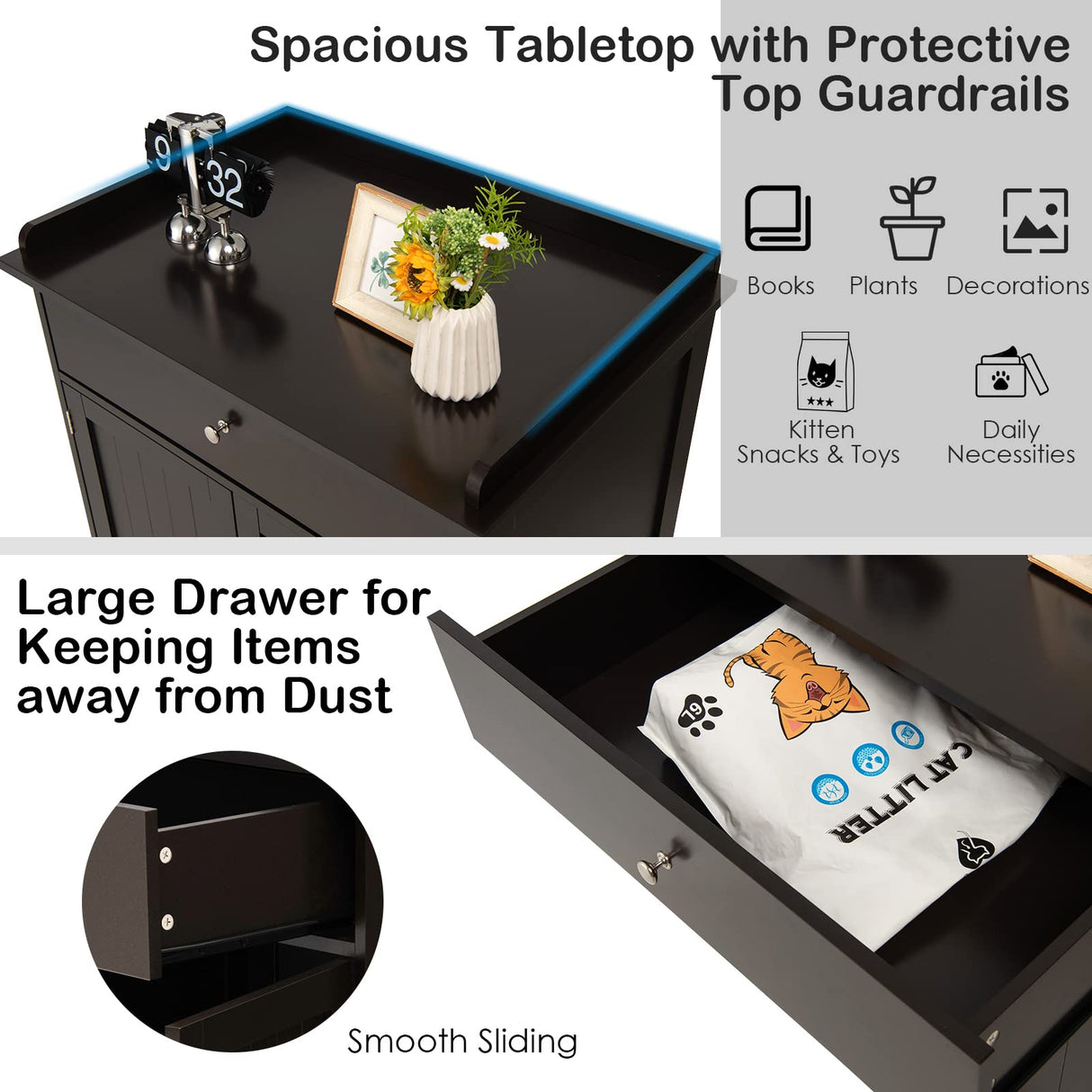 PETSITE Cat Litter Box Enclosure, Large Cat Washroom End Table with Drawer & 2 Doors, Wooden Cat House Storage Cabinet, Hidden Litter Box Furniture, Brown PETSITE