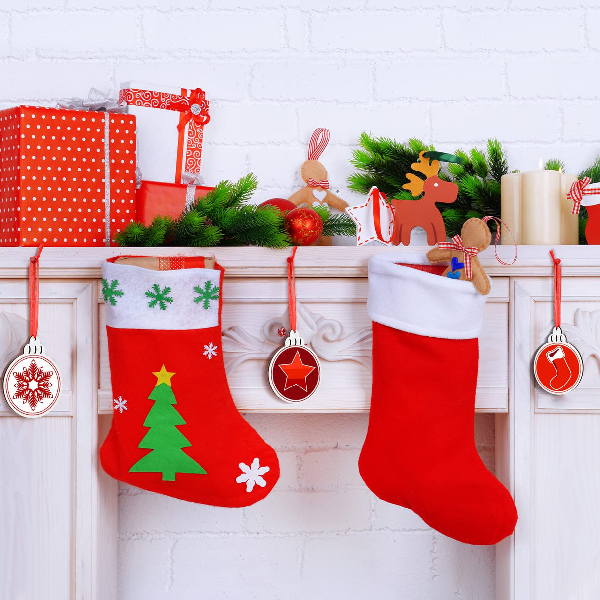 Jetec Christmas Sublimation Blank Pendants Double Side MDF Personalized Blank Bulk Heat Transfer Blank Hanging Pendant White Sublimation Ornament with Red Ribbon for DIY (72 Pcs,3.5 x 2.9 x 0.1 Inch) Jetec