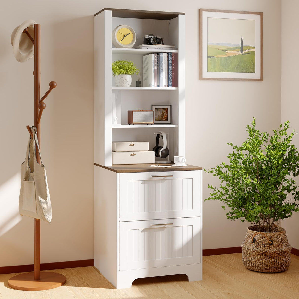 Garvee Bookcase with 2 File Drawers, 72in Tall Farmhouse Storage Cabinet Wooden Bookshelf with 2 Adjustable Shelves for Living Room Office Garvee