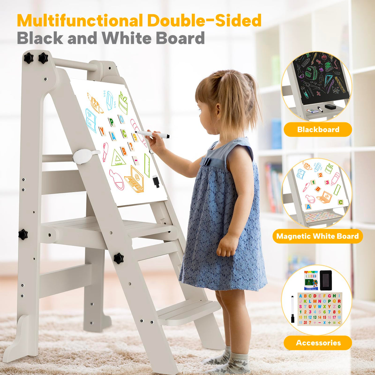Toddler Tower Foldable, Kitchen Step Stool Helper with Safety Railing & 3 Adjustable Heights, Standing Tower with Double-Sided Drawing Board, Montessori Kitchen Tower for Toddlers/Kids Learning (Grey) SAUCE ZHAN