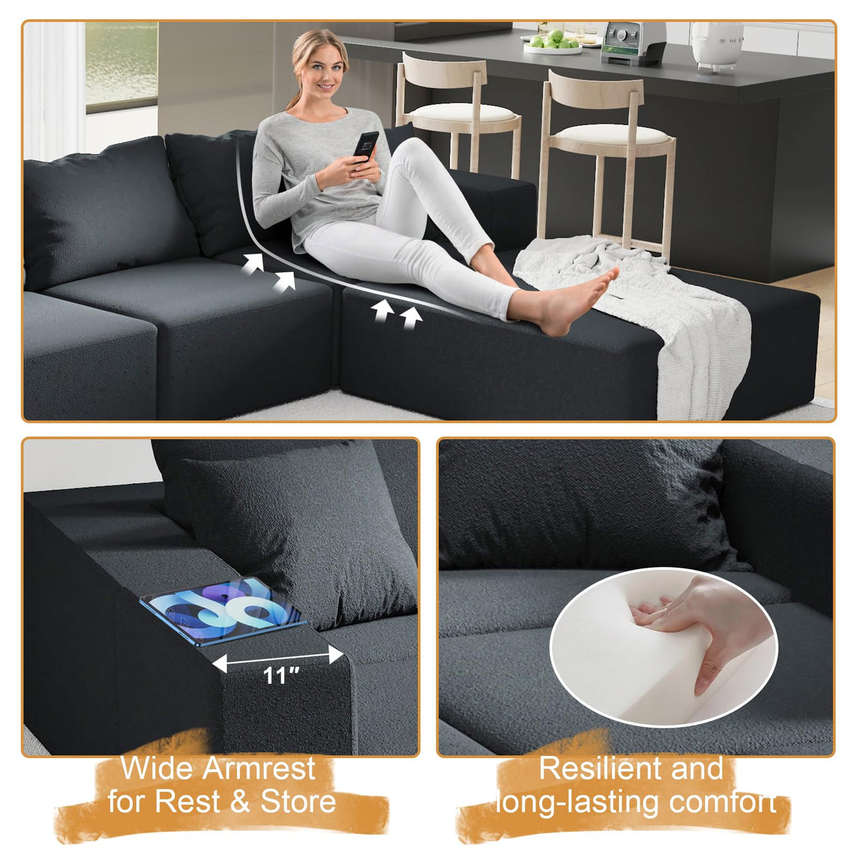 MJQFVM 132'' Oversized Cloud Couch, Upholstered Modular Sectional Sofa with 6 Pillows, Deep Seat Chenille Couches for Living Room, Free Combination, No Assembly Required (Black) MJQFVM