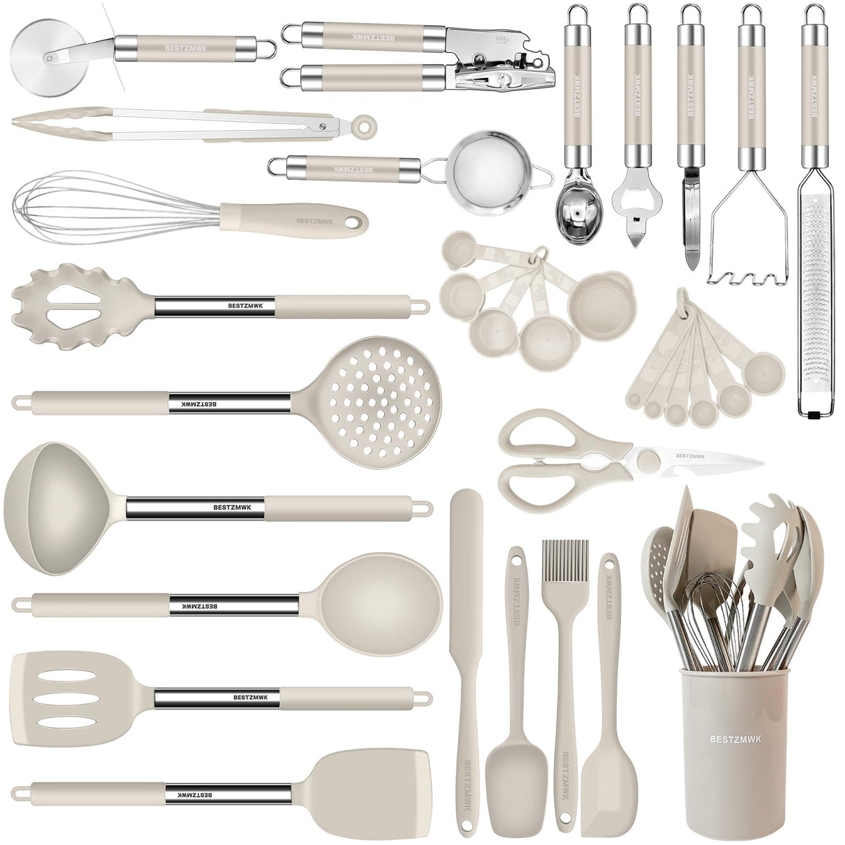 Kitchen Utensils Set-Silicone Cooking Utensils-33pcs Non-Stick Silicone Cooking Kitchen Utensils Spatula Set with Holder-Best Kitchen Cookware with Stainless Steel Handle (Khaki) BESTZMWK