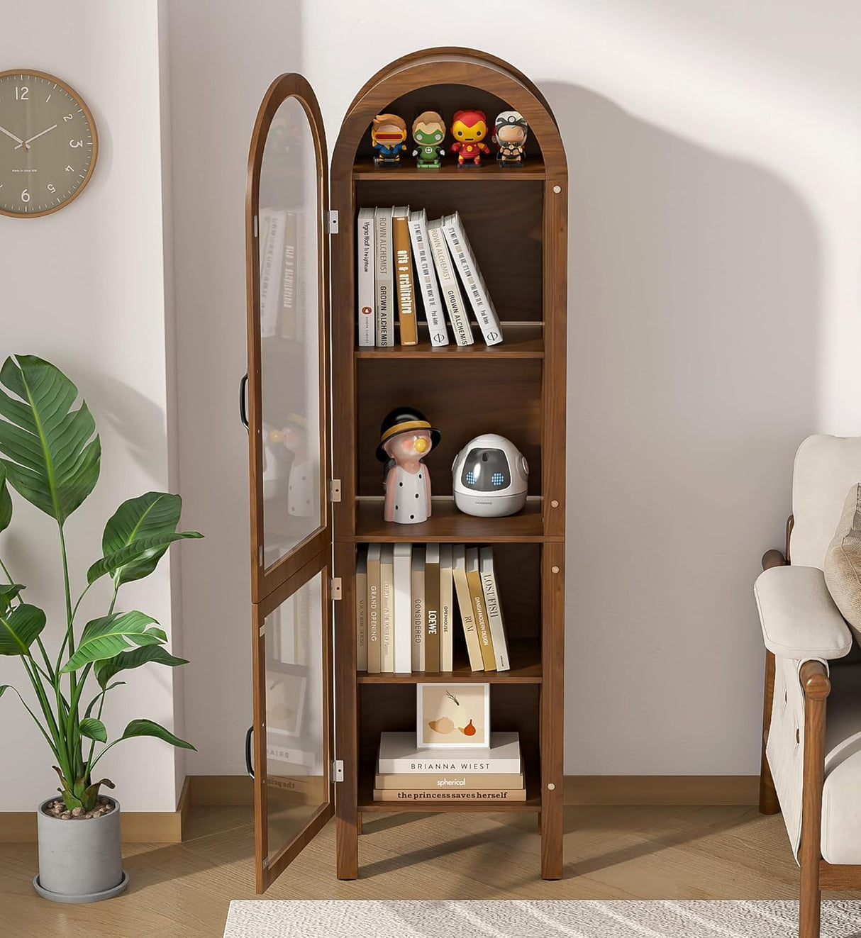 Lxsxlome 64.17 in Tall Arched Display Cabinet with Acrylic Glass Doors 5-Tier Kitchen Pantry Storage Cabinets Modern Wood Curio Cabinet Bookcase for Living Dining Room (Walnut, 16.92‘’W) Lxsxlome