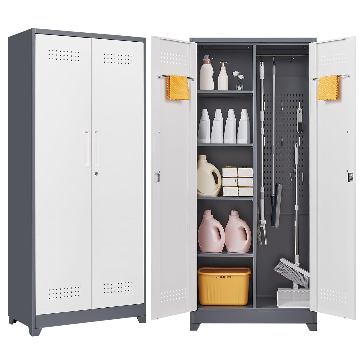 72.8"H Broom Closet Storage Cabinet, Utility Closet for Brooms and Mops, Cleaning Metal Storage Cabinet with Pegboard and Hanging Rod, Metal Cabinet with Doors and Adjustable Shelves,Garage,Grey-White SAFEFEVER