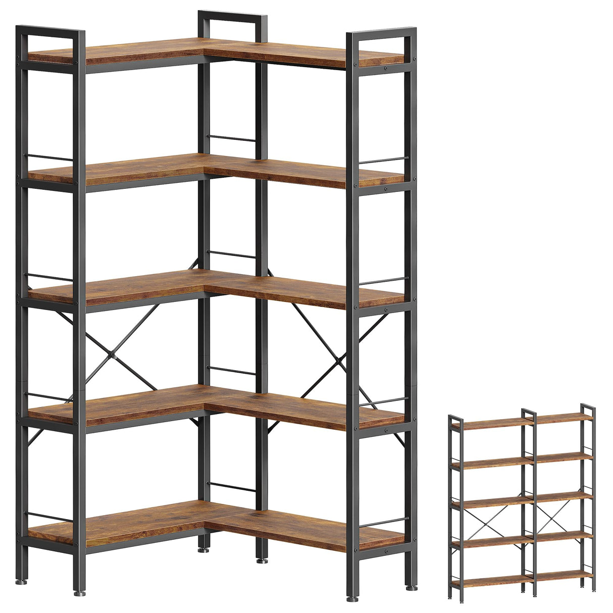 Huuger 5 Tier Bookshelf, L Shaped Corner Bookshelf with 10 Open Shelves, 49.4 Inch Straight Wide Bookcase with Metal Frame and Wooden Board, Adjustable Feet, Rustic Brown Huuger