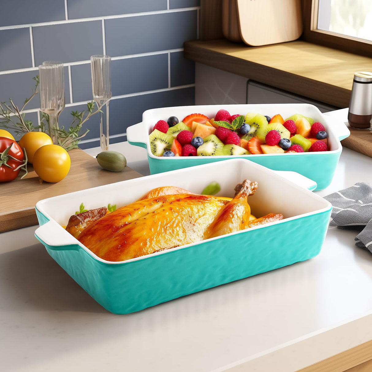 Krokori Casserole Dishes for Oven, Ceramic Baking Dishes, Lasagna Pan with Handles, Porcelain Baking Pan Deep, Bakeware for Baking, Cooking, Wedding Gift, Set of 3 (11.6" x 7.8", Aquamarine) Krokori